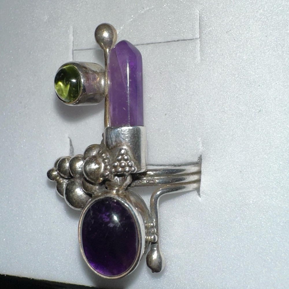 Vintage 925 Sterling Silver Biomorphic Amethyst Peridot Gemstone Ring. - Picture 7 of 9